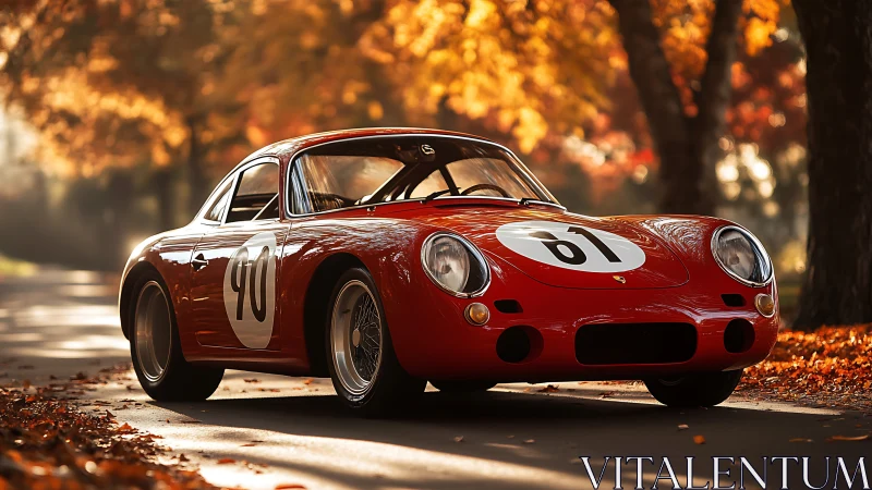 Red classic race car parked on leaf covered autumn road.