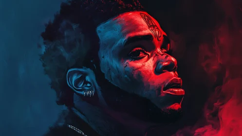 Portrait divides face in electric blue and burning red light.