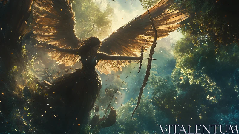 Dawnlit winged huntress draws a forest-sung arrow true.