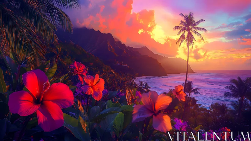 Tropical hibiscus daydream paints the coastline in neon dusk