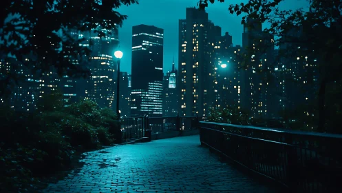 City park pathway at night with illuminated skyline.