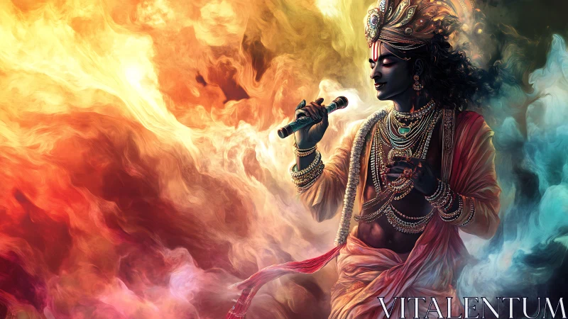 Divine musician figure holds microphone within colored smoke