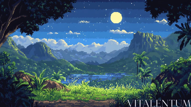 Pixel landscape shows moonlit valley, lake, and distant mountains