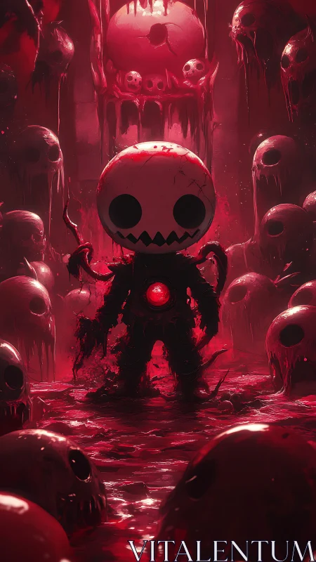 Macabre doll stands amid melting skulls in blood-red void.