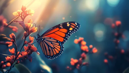 Gentle monarch butterfly resting in dreamy garden light.