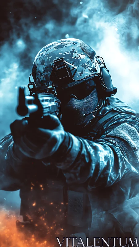 Frostfire marksman strides through smoke and pixelated warzone.