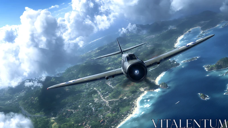 Single propeller warplane banks over tropical archipelago coastline