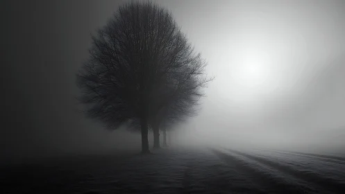 Lone winter tree guarding a fog-drowned horizon at dawn.