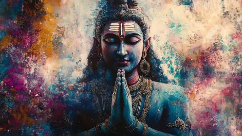 Meditative blue deity rendered against abstract chromatic field