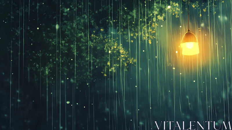 Soft streetlamp glow welcomes gentle rain in quiet night