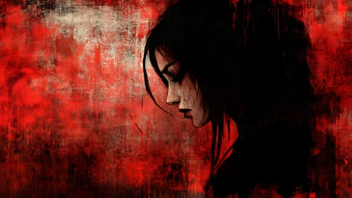 Profile of dark-haired figure on textured red background.