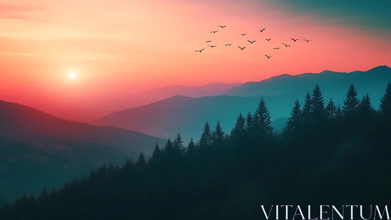 Dream-lit mountain dusk where forest shadows breathe light.