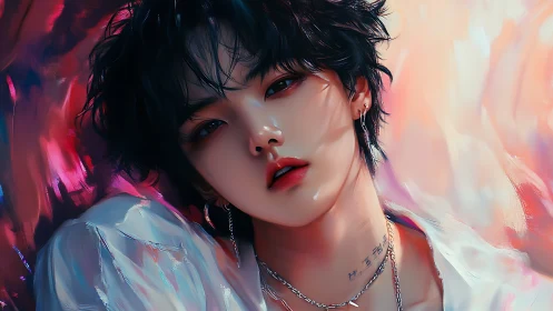 Androgynous portrait glows in neon brushed light.