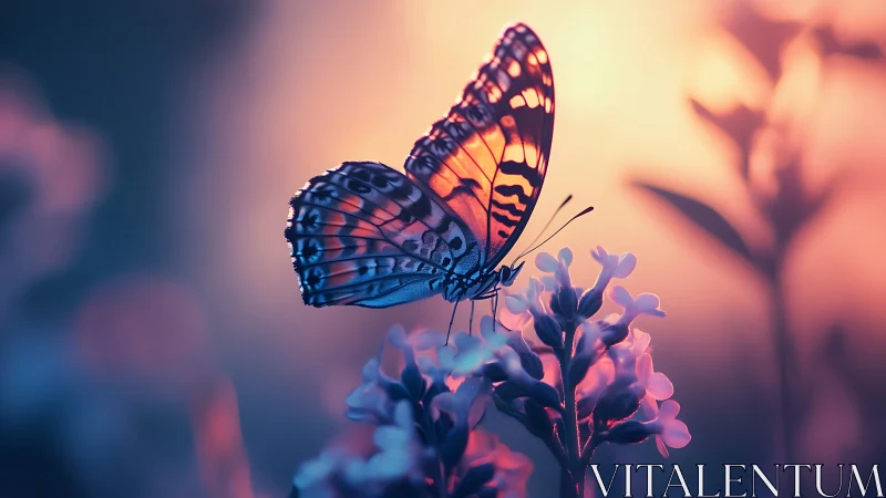 Luminous butterfly rests on blossoms at dreamy sunset glow.