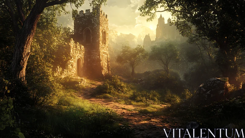 Sunlit forest tower overlooks distant misty castle ruins.