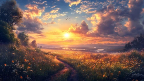 Gentle sunset path winding through glowing summer meadow.