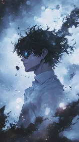 Side-lit anime figure dissolves into ethereal blue nebula