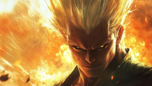 Blazing warrior portrait in molten golden inferno light.