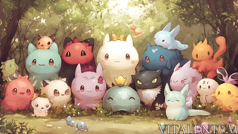 Sunlit forest gathering of pastel creatures and gentle smiles.
