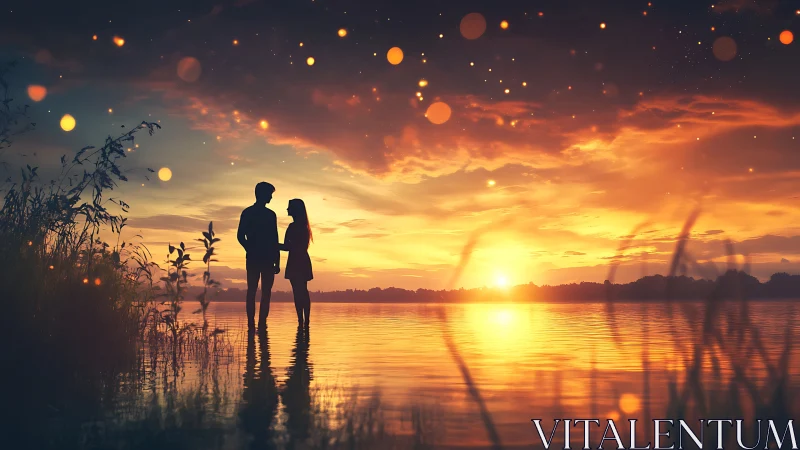 Silhouetted couple watches sunset over water with floating light particles.