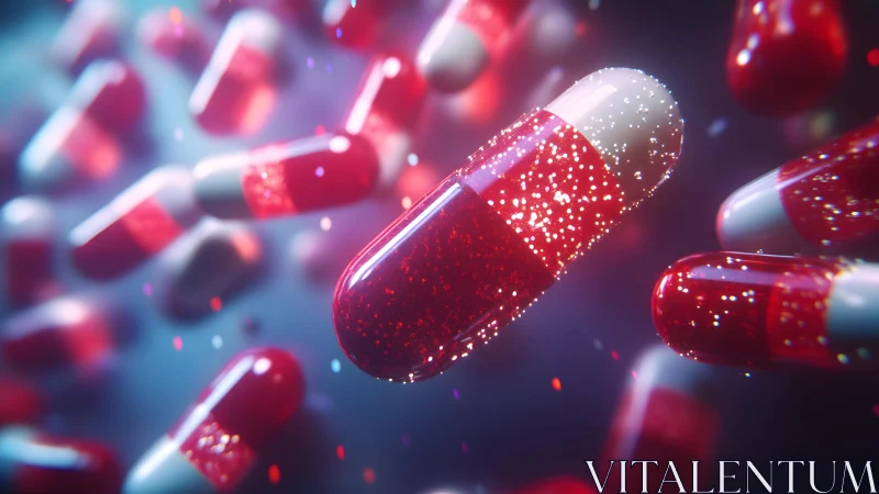 Red and White Capsules Floating in Futuristic Digital Style.