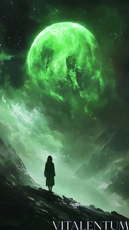 Silent dreamer gazes up at a glowing green cosmic moon