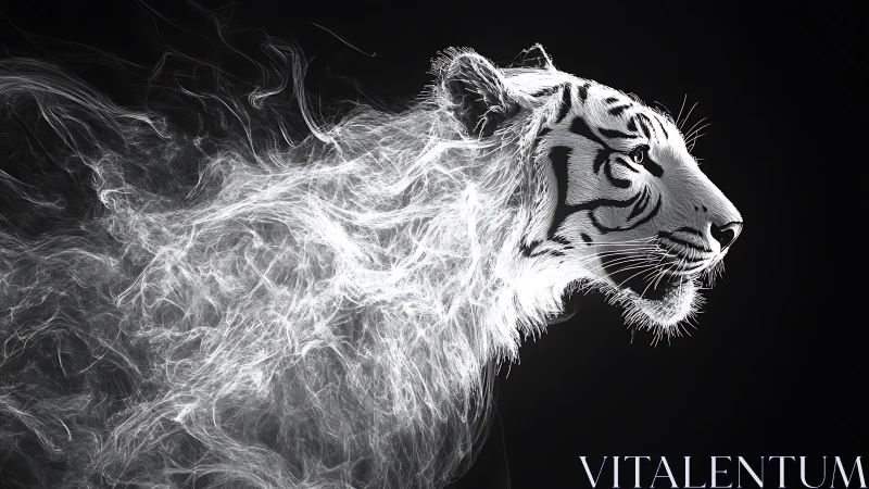 White tiger materializes in spectral light trails on black field.