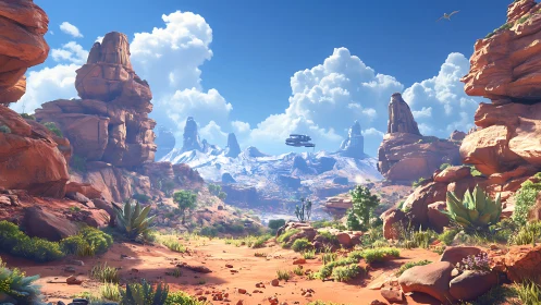 Futuristic desert canyon with hovering spacecraft and mesas.