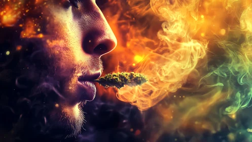 Ember tinted breath cradles a floating bud in neon haze