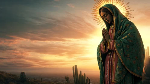Praying robed figure stands radiant against desert sunrise