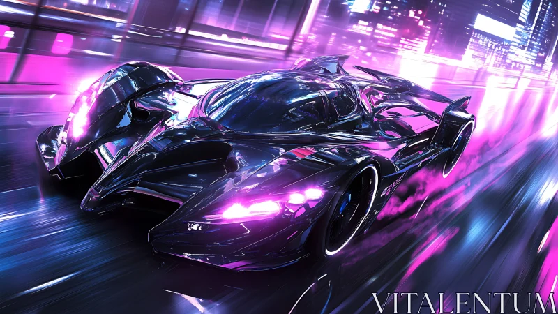 Neon hypercar cuts chrome reflections through cyber cityscape.