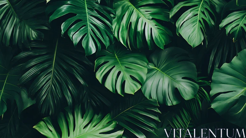 Monstera leaves overlap in deep green tropical pattern.