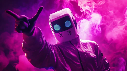 Neon-hooded robot DJ raises hand amid vivid pink smoke
