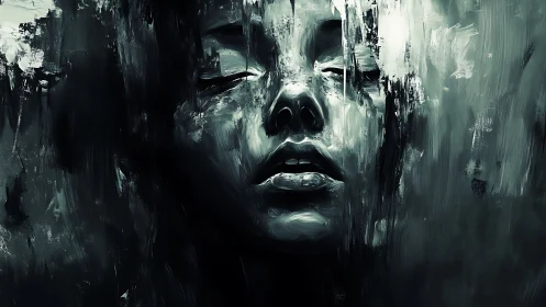 Monochrome portrait dissolves into abstract brushstroke void.