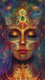 Celestial dreamer wrapped in glowing cosmic mandalas.