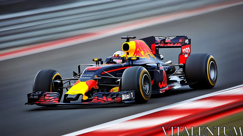 Scarlet thunder F1 racer knifes through a blurred racetrack storm.