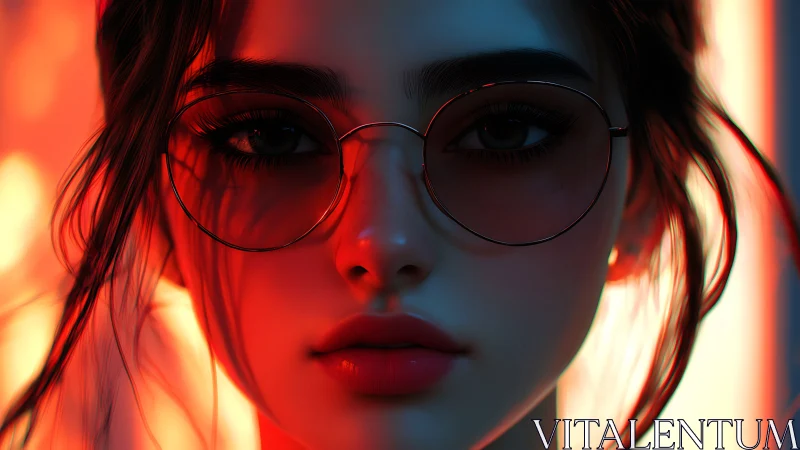 Neon-lit female portrait with reflective glasses and bokeh glow.