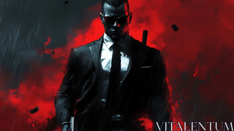 Calm suited vigilante striding through dramatic red storm.