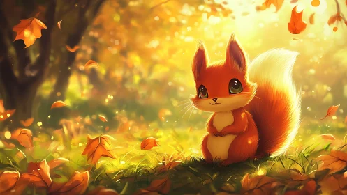 Cute autumn squirrel in golden forest clearing illustration.