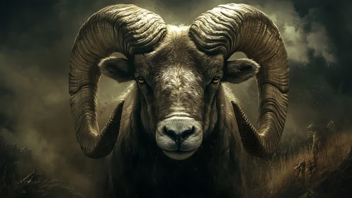 Stormlit ram with spiraling horns and steady golden gaze.