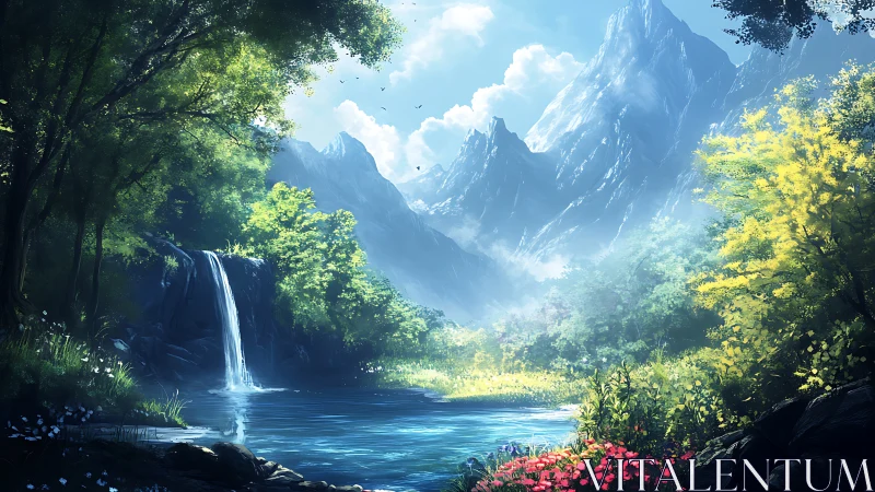 Sunlit mountain lake and waterfall create a tranquil refuge