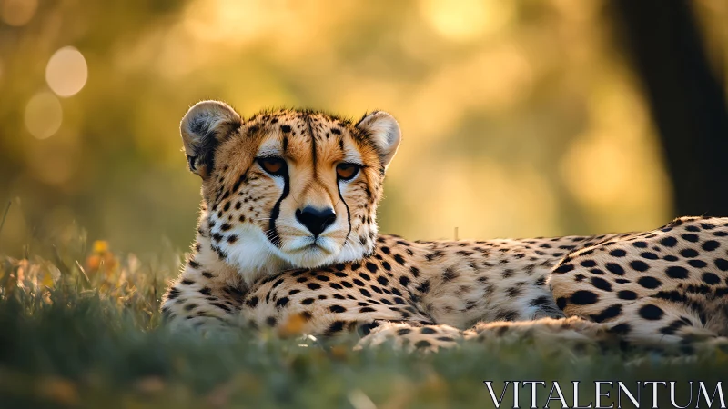 Resting cheetah lies in warm golden backlit grassland