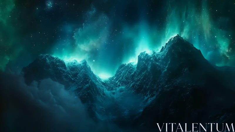 Glowing turquoise night sky embracing misty dark mountains.