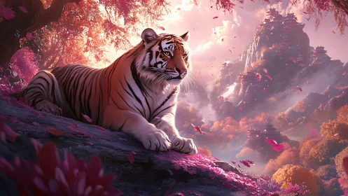 Majestic tiger rests amid luminous cherry valley temples