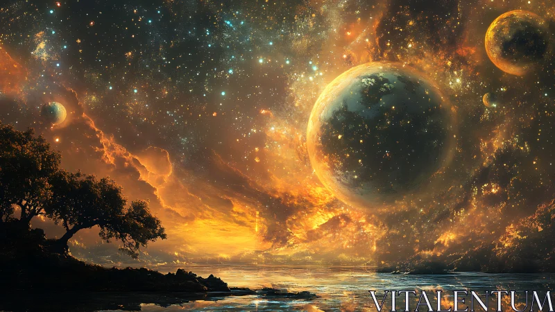 Planetary nebula sky over reflective alien shoreline with luminous haze