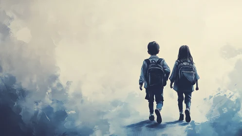 Two students walking toward misty horizon with backpacks.