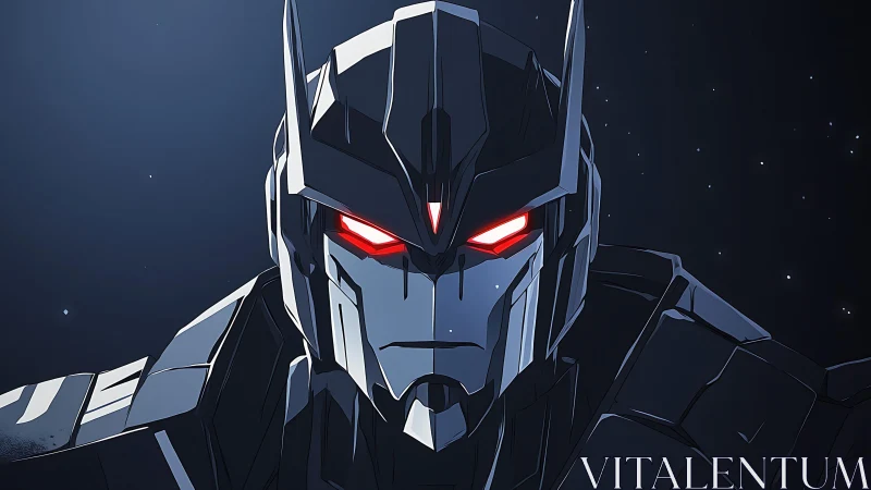 Starlit close-up of angular mech helmet with red optic glare