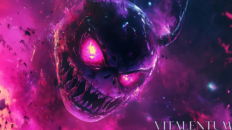 Infernal neon skull emerging through cosmic vortex glow.