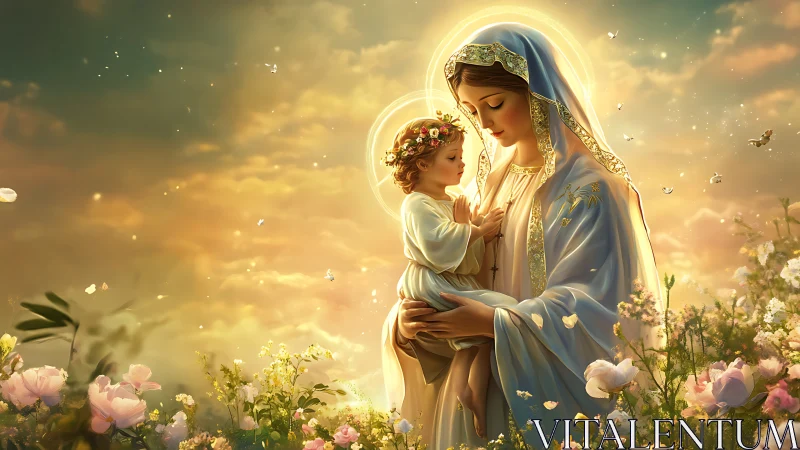 Gentle golden embrace of mother and child in blooming light.