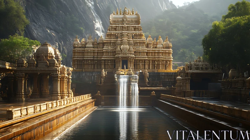 Golden temple complex with central cascading waterfall.